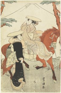 (Twee Vrouwen, Eén Lopend, Eén te Paard), eind 18e-begin 19e eeuw door Utagawa Toyokuni