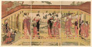 Een optocht van vrouwen met shimadai-decoraties