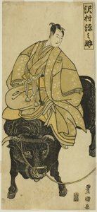 Acteur Sawamura Gennosuke rijdt op os als Sugawara no Michizane door Utagawa Toyokuni I