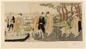 Schelpdieren verzamelen bij eb door Utagawa Toyokuni I