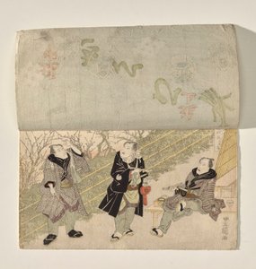 Kabuki Podium met een Gordijn dat Drie Kabuki Acteurs Onthult door Utagawa Toyokuni I