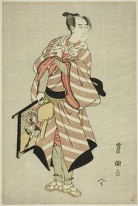 De acteur Sawamura Sojuro III als de pakpaard-man Muchizo in het stuk "Miyamairi Musubi no Kamigaki," uitgevoerd in het Kiri Theater in de elfde maand, 1797