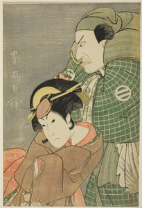 De acteurs Kataoka Nizaemon VII als Iyo no Taro en Iwai Hanshiro IV als Kojoro-gitsune van Okazaki in het stuk "Seiwa Nidai Oyose Genji," uitgevoerd in het Miyako Theater in de elfde maand, 1796 door Utagawa Toyokuni I