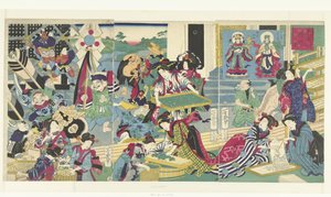 De zeven geluksgoden bij het kweken van zijderupsen door Utagawa Yoshiiku