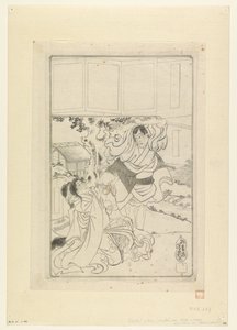 Man die op het punt staat een vrouw te onthoofden door Utagawa Yoshiiku