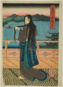 De acht uitzichten op het Biwameer in de avond (Omi Hakkei Moku) door Utagawa Yoshikazu