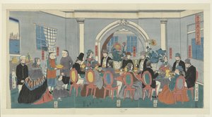 Vijf nationaliteiten aan een banket door Utagawa Yoshikazu