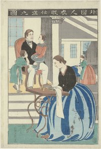 Westerse vrouw achter een naaimachine door Utagawa Yoshikazu