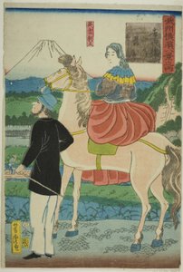 Engelsman kijkt naar dalende ganzen bij Yoshida-brug (Yoshida-bashi no rakugan, Igirisujin), uit de serie "Acht uitzichten van Yokohama in de provincie Musashino (Bushu Yokohama hakkei no uchi)" door Utagawa Yoshitora