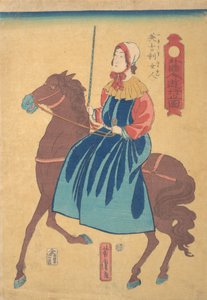 Engelse vrouw te paard, 1e maand, 1861 door Utagawa Yoshitora