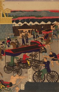 Bloeiend Nihonbashi-gedeelte van Tokio. Tokyo Nihonbashi han ei no zu Drieluik