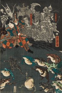 Nikushi de Kikkerspirit roept een magische strijd van kikkers op in Tateyama in de provincie Etchu, 1864