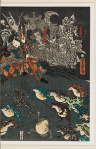 Nikushi de Kikkerspirit roept een Magische Slag van Kikkers op in Tateyama in de provincie Etchū