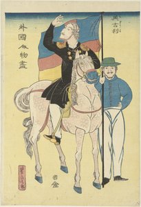 Twee Engelsen met paard en vlag door Utagawa Yoshitora