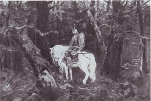 In overpeinzing (Ridder te paard rijdt het donkere bos in) door V.Vasnetsov