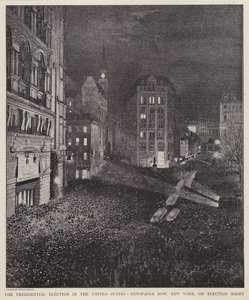 Newspaper Row, New York City, op de avond van de Amerikaanse presidentsverkiezingen, 8 november 1892