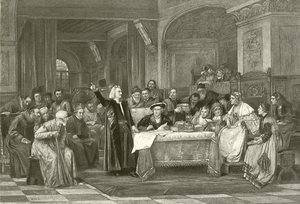 Columbus voor Isabella (gravure) door Vaclav Brozik