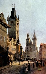 het Starometsky plein en stadhuis in Praag, ca. 1900 (prent)