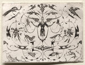Arabesk met pauw, parkiet, honden en insecten, 1626 door Valentin Sezenius