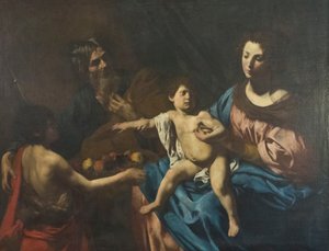 Heilige familie met jonge Sint Johannes de Doper door Valentin de Boulogne