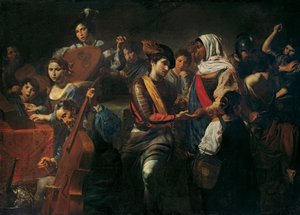 Vrolijk gezelschap en waarzegster. Genrescène in een taverne, compositie met muzikanten (viool, cello, klavier en luit), mannen aan tafel die hun drank bereiden, de waarzegster