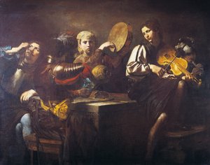 Muzikanten en soldaten, circa 1626, door Valentin de Boulogne (1591-1632)