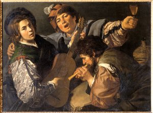 Drie mannen maken muziek, c.1616 door Valentin de Boulogne