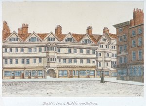 Uitzicht op Staple Inn en de gebouwen van Middle Row in het centrum van Holborn, Londen, 1850