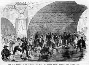 De visser heeft de lijn onderaan de Pont Neuf in Parijs in 1868 tijdens laag water. Tekening door Desroches - Valnay door Valnay Pere et fils