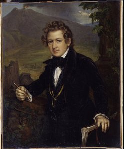 Portret van de schilder Karl Pavlovich Briullov (1799-1852). Afgebeeld voor een vulkaan, de schilder houdt een potlood en zijn tekenbord vast. Schilderij van Vasili Andreyevich Tropinin