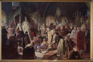 De oude gelovige priester Nikita Poustosviat debatteert met patriarch Joachim over het geloof in aanwezigheid van regentes Sophia Alexeievna Romanova