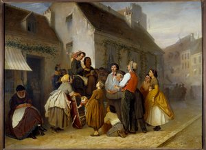Straatscène in Parijs. Voorbijgangers gestopt voor een stel straatmuzikanten: de man speelt de ehru (instrument met twee snaren bespeeld met een strijkstok) en zijn vrouw zingt