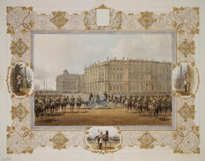 Review van het Horse-Guardsmen Regiment voor het Winterpaleis, 1850s door Vasili Semenovich Sadovnikov