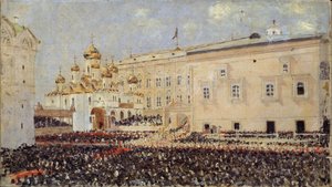 De kroning van keizer Alexander III in het Kremlin van Moskou op 15 mei 1883