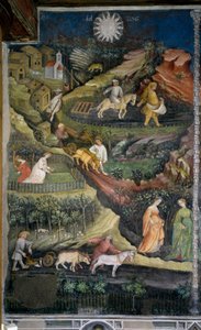 April: ploegen en zaaien van velden. Landbouwscène met ploeg, eg en landbouwgereedschap op het platteland