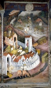 December: de houthakkers verzamelen het hout en brengen het terug naar de stad Trento waar de muur en het kasteel van Buonconsiglio worden weergegeven door Venceslao Maestro