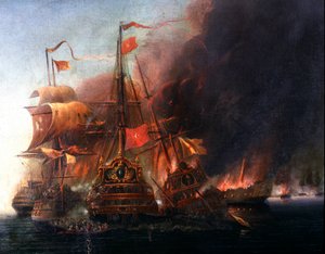Slag tussen de Ottomaanse vloten en de Venetiaanse vloten voor Famagusta tijdens het beleg van Cyprus in 1570 Schilderij van de Venetiaanse school van de 16e eeuw. Istanbul, Naval Museum