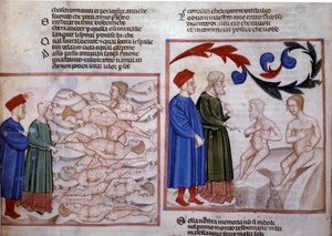 Dante en Vergilius in gesprek met Grifolino van Arezzo en Capocchio van Siena. 14e eeuw (miniatuur) door Venetian School