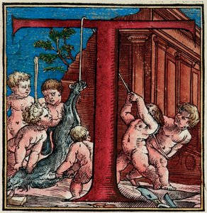 Initiaal T, detail van een pagina uit "De Humani Corporis Fabrica Libri Septem" door Andreas Vesalius