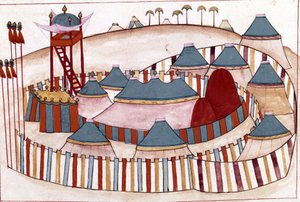 Ottomaanse kamp. Miniatuur uit ""Turkse Herinneringen"" (codex Cicogna 1971 ""Memorie Turchesche""). Aquarel van de 17e-eeuwse Venetiaanse school.