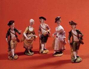 Kleine figuren die personages voorstellen (jager, huishoudster, dame van hoge samenleving...) Porseleinen beeldjes uit de 18e eeuw Venetiaanse School. Parijs, Decoratieve Kunsten door Venetian School