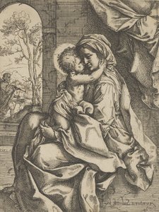 De Maagd zittend met het Christuskind op haar schoot die haar omhelst, Jozef gezien door..., ca. 1600-1613 door Ventura Salimbeni
