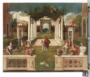 Een klassiek architectonische tuin met elegante figuren, een bergachtig landschap daarachter, c. 1530 door Veronese School