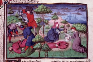 Moordscène van twee mannen waarvan de moordenaars hun hoofd afhakken. Pagina van een manuscript in het Frans van de 