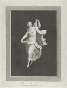 Een deels naakte bacchante die naar voren stapt en de uiteinden van haar draperie vasthoudt door Vicenzo Feoli