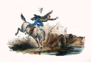 Een ruiter valt na de stormloop van zijn paard. In 