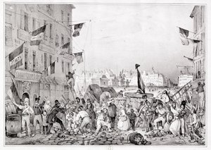 Barricade bij de Rue Dauphine, 29 juli 1830, gegraveerd door H. Delaporte door Victor Adam