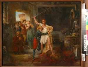 Don Quichot vecht tegen bepaalde wijnzakken door Victor Adam