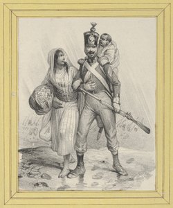 Soldat mit einer Frau am Arm und einem Kind auf dem Rücken