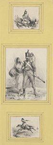 Soldaten und ein Highlander (3 Drucke unterschiedlicher Größe auf ein gelbes Blatt geklebt)